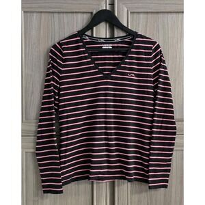 Lauren Ralph Lauren V Neck Long Sleeve Top Size Large Pink/Black Stripes EUC